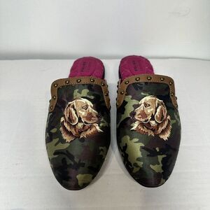 Birdies Ken Fulk Labrador Golden Retriever Dog Camo Mule Slippers Flats Size 8.5